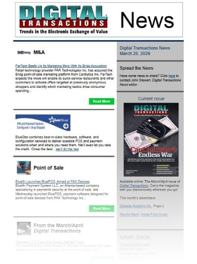 ParTech Acquires Bridg; Bluefin's Blue POS; Visa's Subscription Service